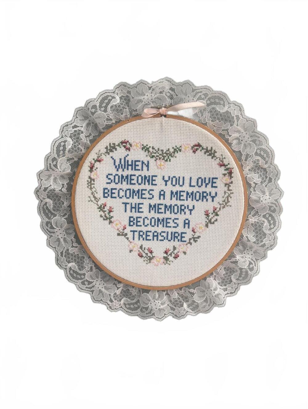 Vtg Handmade Cross Stitch Memorial Quote Wall Decor Lace Trim Embroidery Hoop